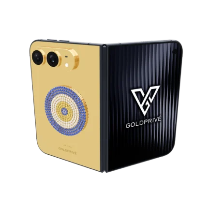 LuxEvil Charm Gold iPhone Duo by GoldPrivé with a round 18K gold nazar in blue, white and golden stones