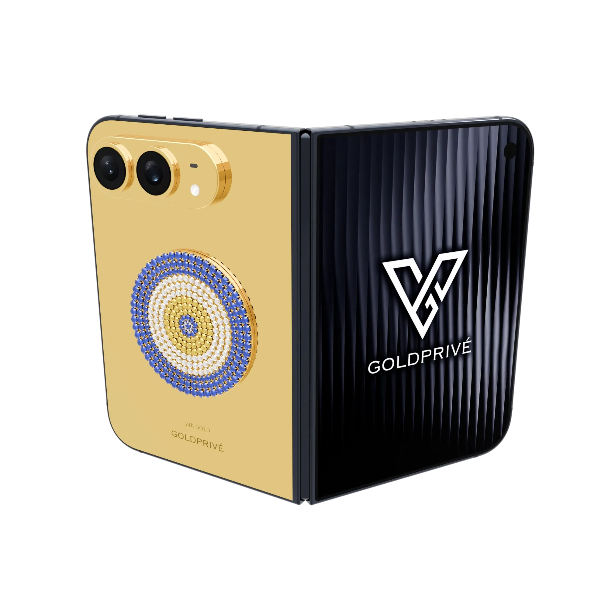 iPhone_Duo Lux Evil Charm.01 LuxEvil Charm Gold iPhone Duo by GoldPrivé with a round 18K gold nazar in blue, white and golden stones