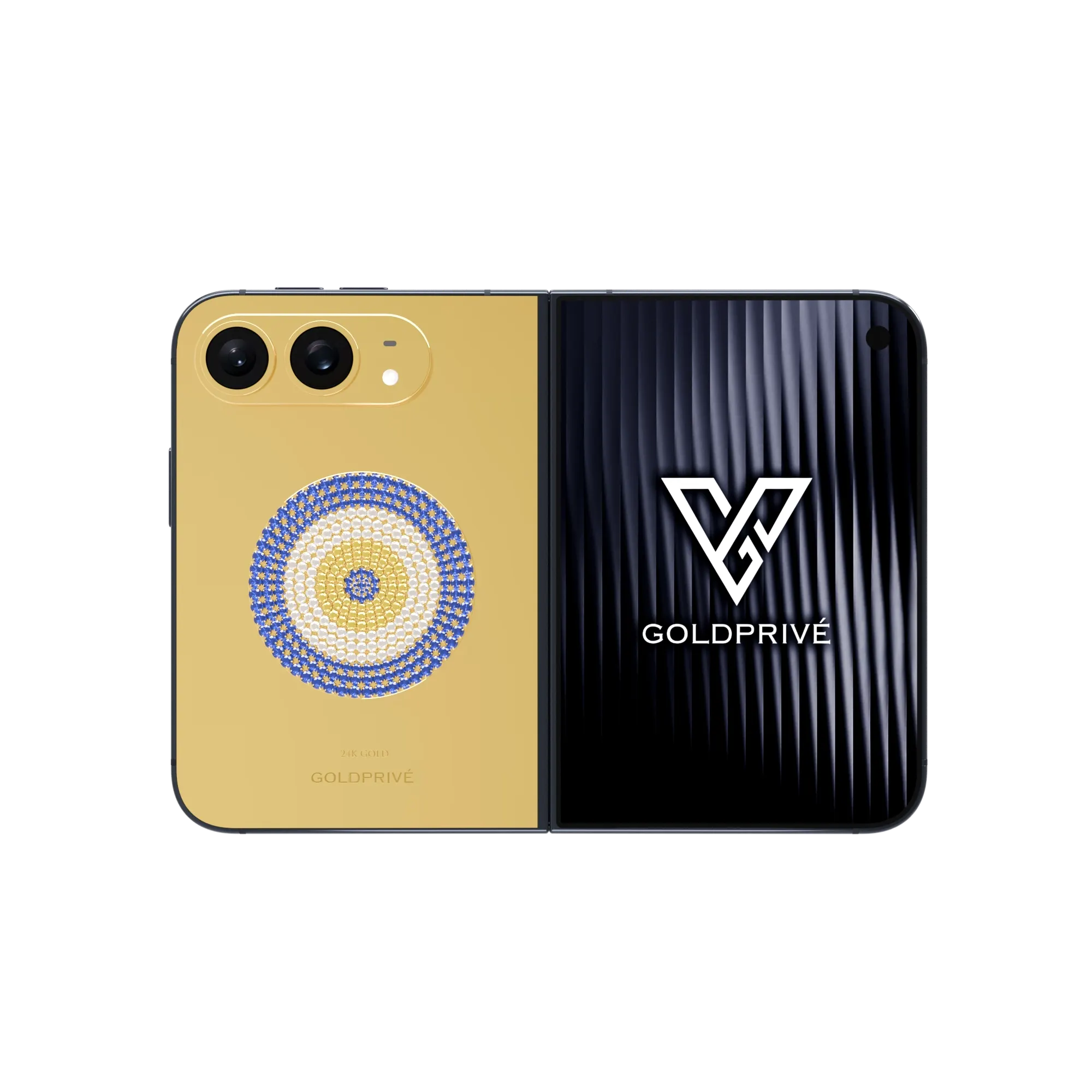 LuxEvil Charm Gold iPhone Duo opened flat with a round stone-set 18K gold nazar charm on the back plate