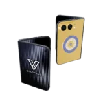 LuxEvil Charm Gold iPhone Duo folded and open beside the GoldPrivé display
