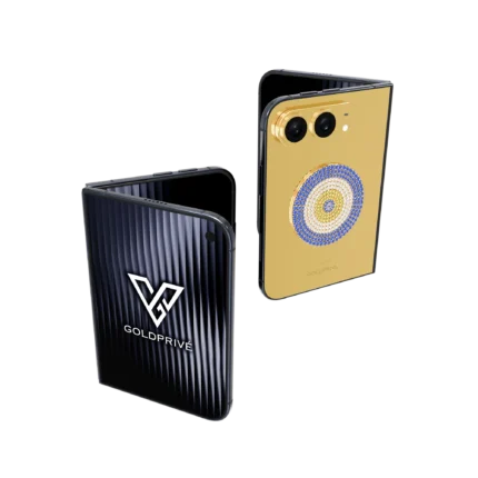 LuxEvil Charm Gold iPhone Duo folded and open beside the GoldPrivé display