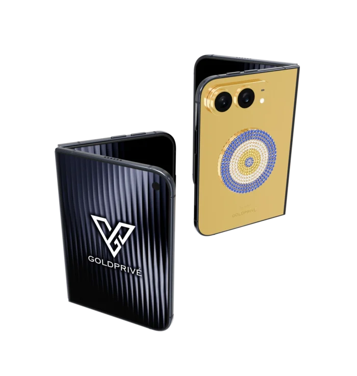 LuxEvil Charm Gold iPhone Duo folded and open beside the GoldPrivé display