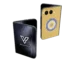 LuxEvil Charm Gold iPhone Duo folded and open beside the GoldPrivé display