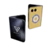 LuxEvil Charm Gold iPhone Duo folded and open beside the GoldPrivé display