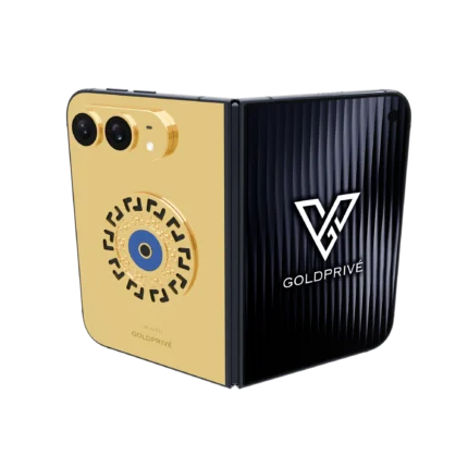 Meandros Blessing Eye Gold iPhone Duo by GoldPrivé with a black Greek key medallion and blue evil eye in 18K gold