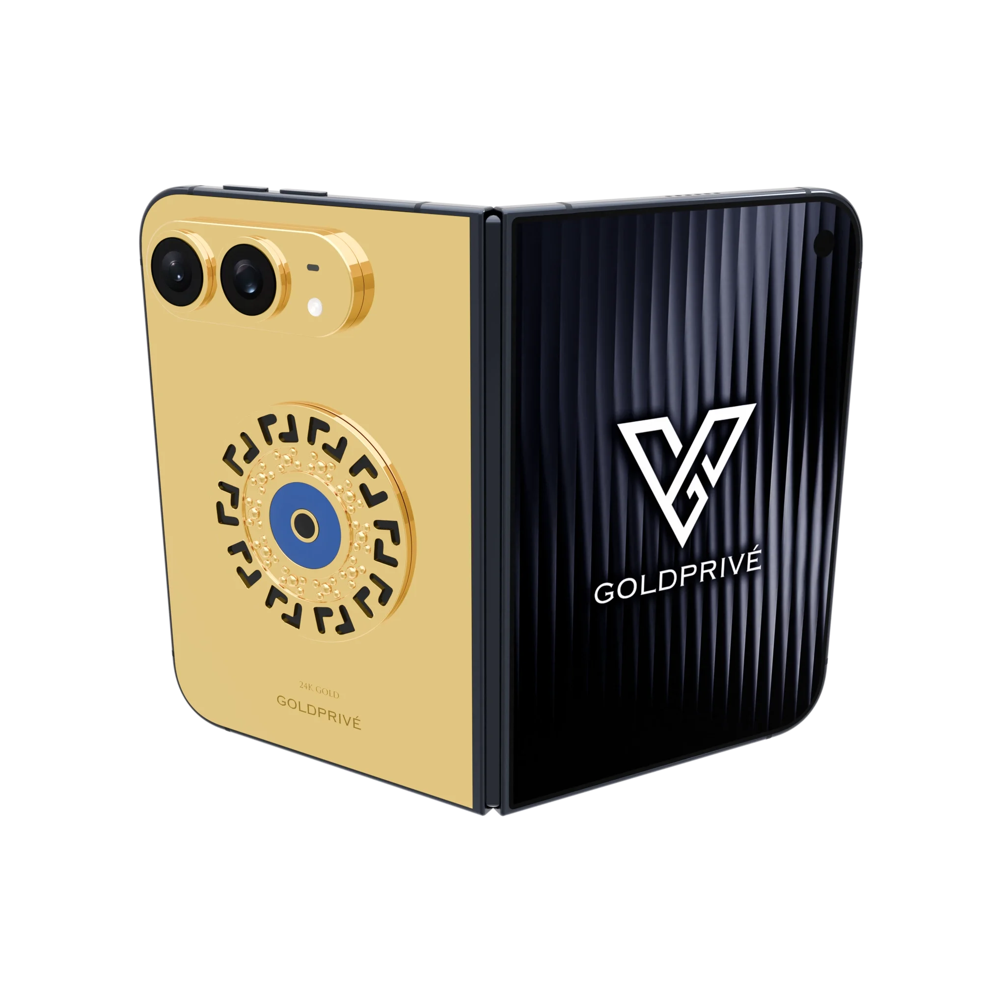 iPhone_Duo MBE.01 Meandros Blessing Eye Gold iPhone Duo by GoldPrivé with a black Greek key medallion and blue evil eye in 18K gold