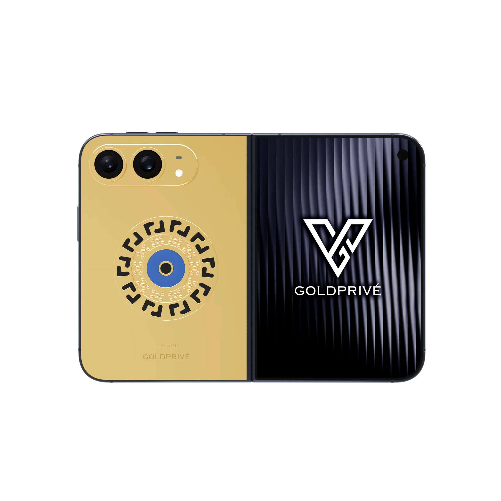 Meandros Blessing Eye Gold iPhone Duo opened flat with a Greek key medallion and blue evil eye on the back plate