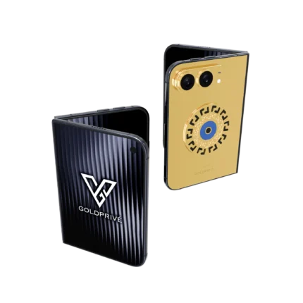 Meandros Blessing Eye Gold iPhone Duo folded and open with the GoldPrivé display
