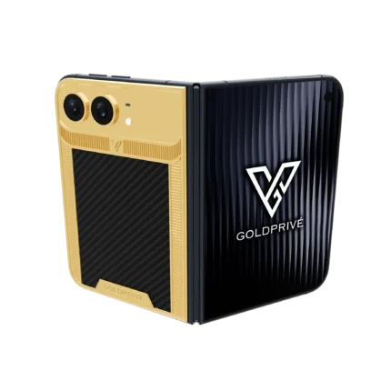 Carbon Royal Elite Gold iPhone Duo partly opened, showing woven carbon fibre inside a ribbed gold border