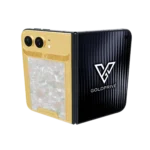 Grandeur Pearl Gold iPhone Duo partly opened, showing mother of pearl inside a ribbed gold border