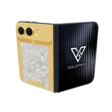Grandeur Pearl Gold iPhone Duo partly opened, showing mother of pearl inside a ribbed gold border