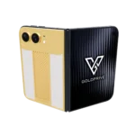 Grandeur Gold iPhone Duo partly opened, showing its textured gold centre column between pale side panels