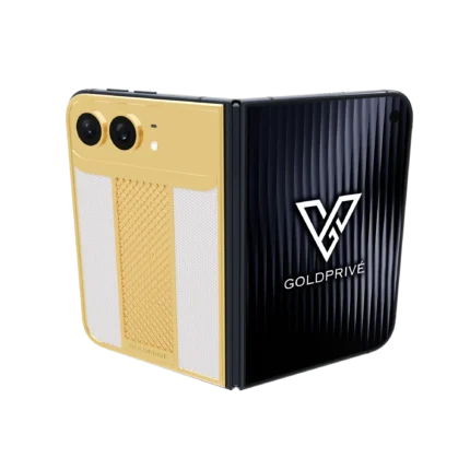 Grandeur Gold iPhone Duo partly opened, showing its textured gold centre column between pale side panels