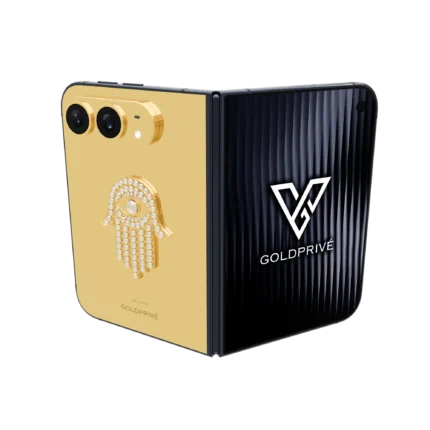 Seraphic Hamsa Blessing Gold iPhone Duo by GoldPrivé with an 18K gold hamsa set in white simulated diamonds