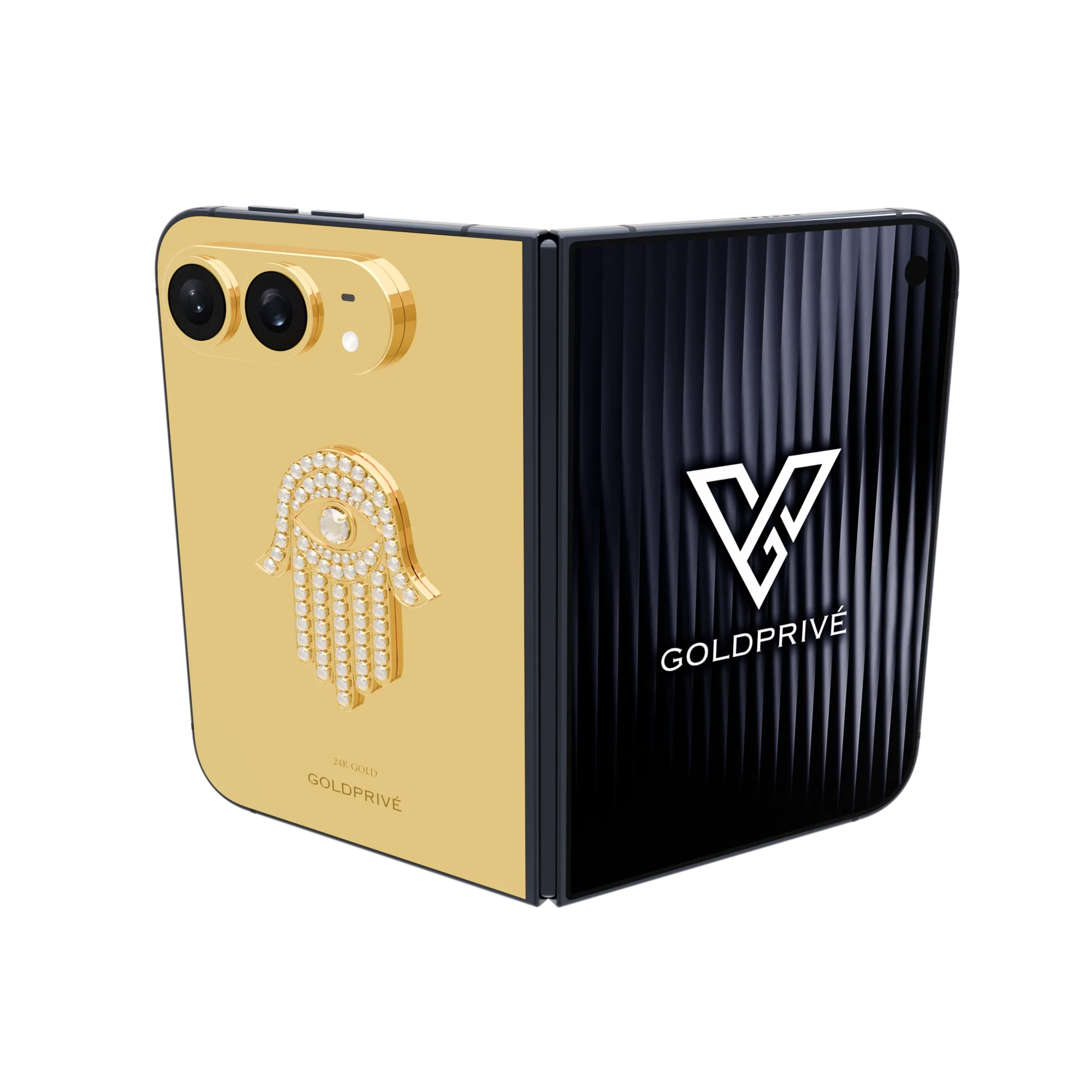 iPhone_Duo SHB.01 Seraphic Hamsa Blessing Gold iPhone Duo by GoldPrivé with an 18K gold hamsa set in white simulated diamonds