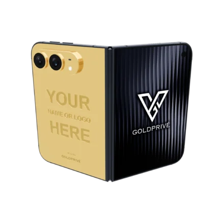 Emblem Gold iPhone Duo opened flat with a large engraved name and logo area on the gold back plate