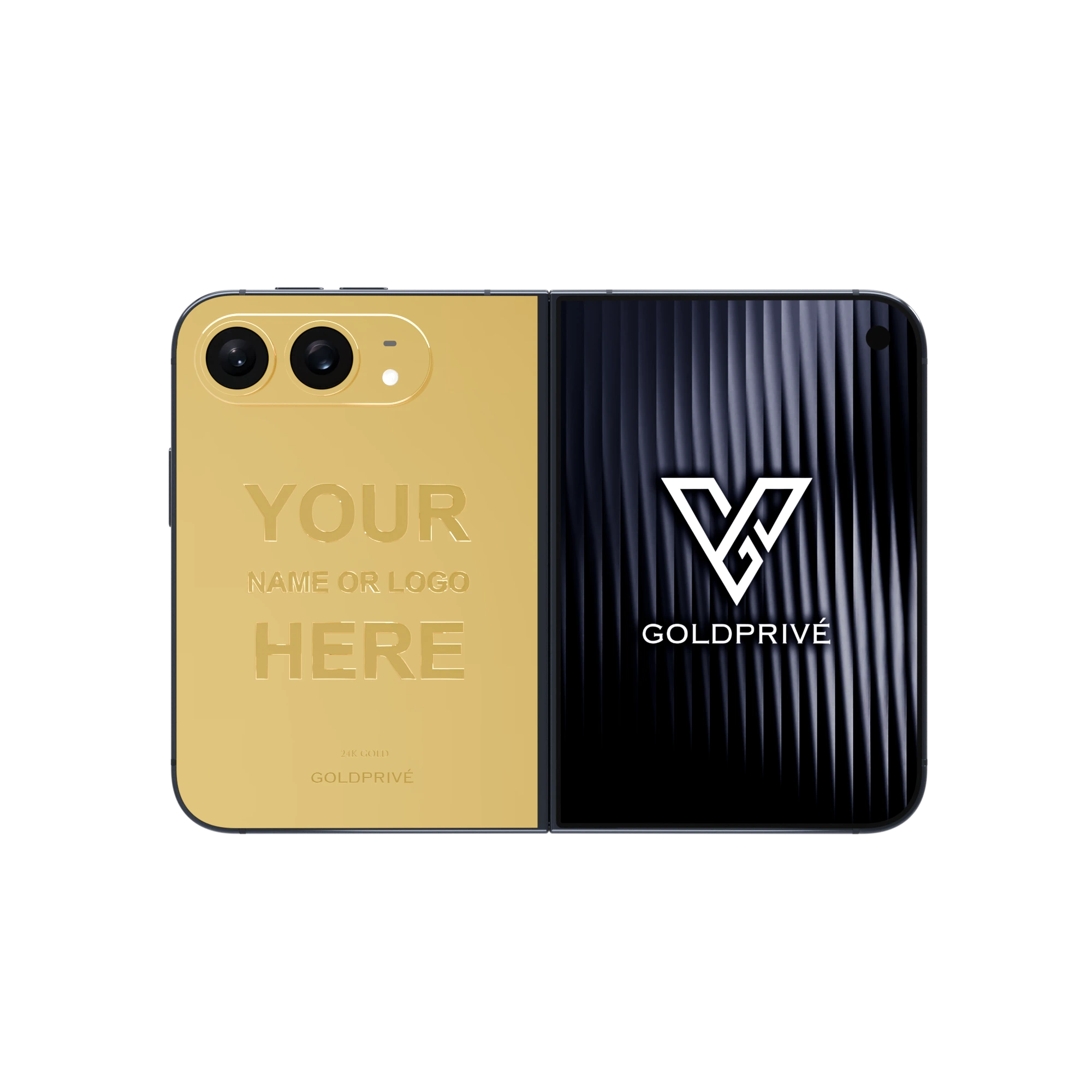 Emblem Gold iPhone Duo opened flat with a large engraved name and logo area on the gold back plate