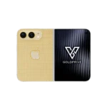 Astranova Gold iPhone Duo opened flat, its gold back plate covered in rows of diamonds with a pavé Apple logo