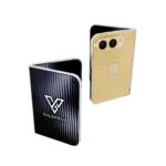 Two Astranova Gold iPhone Duo phones half-folded, one showing its diamond back plate and one its outer display