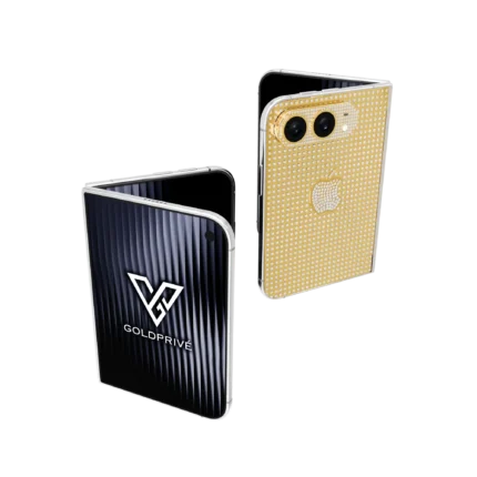 Two Astranova Gold iPhone Duo phones half-folded, one showing its diamond back plate and one its outer display