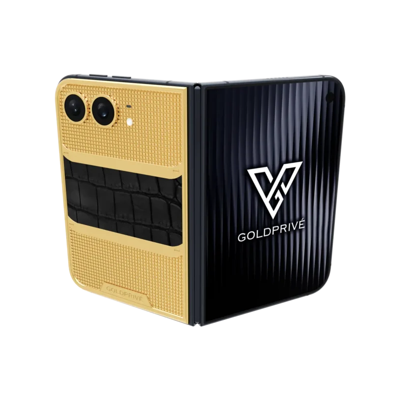 Luxury 24K Gold iPhone Duo by GoldPrivé — Wild Elegance Victory foldable gold iPhone with exotic leather