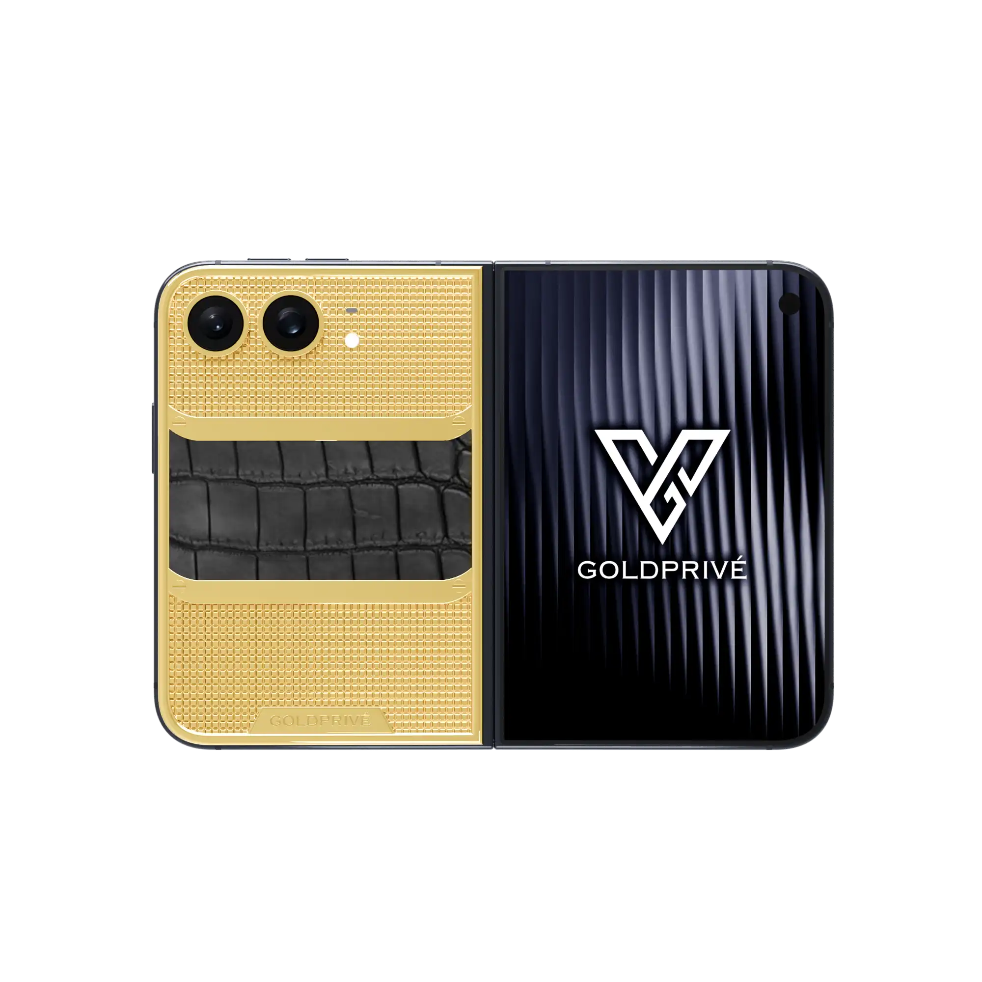Wild Elegance Victory Gold iPhone Duo opened flat, a black crocodile band across grid-textured gold