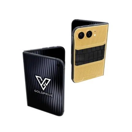Two Wild Elegance Victory Gold iPhone Duo phones half-folded, one showing the crocodile band and textured gold, one the outer display
