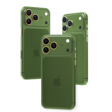 Laurel Gold iPhone 18 Pro Max in satin matte green with camera rings and buttons plated in 24K Gold, Rose Gold and Platinum
