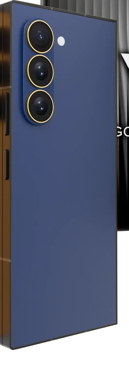Blue Shadow Samsung Galaxy Z Fold8 Ultra Gold Accents close-up of the navy rear and a 24K Gold camera lens ring