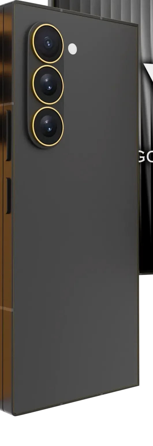Jetblack Samsung Galaxy Z Fold8 Ultra Gold Accents close-up of the charcoal rear and a 24K Gold camera lens ring