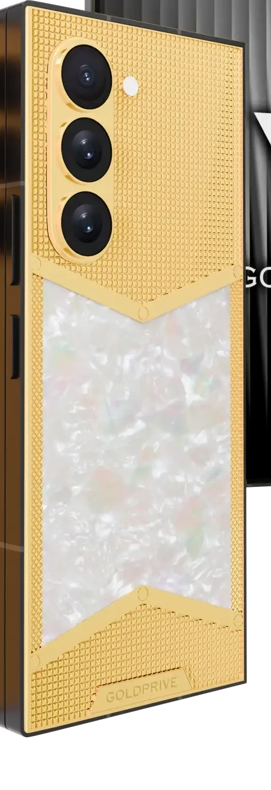 Regal Victory Gold Samsung Galaxy Z Fold8 Ultra close-up in 24K Gold where pyramid texture meets mother of pearl