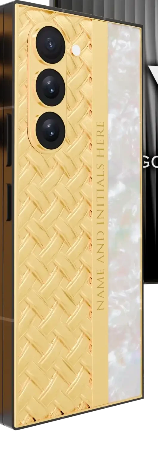 Pearl Knot Gold Samsung Galaxy Z Fold8 Ultra close-up in 24K Gold of the knot lattice and mother of pearl