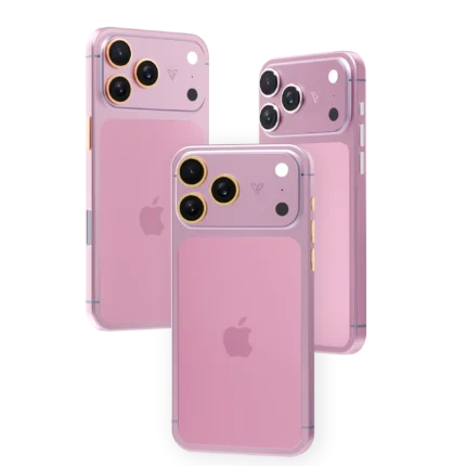 Peony Gold iPhone 18 Pro Max in satin matte pink with camera rings and buttons plated in 24K Gold, Rose Gold and Platinum