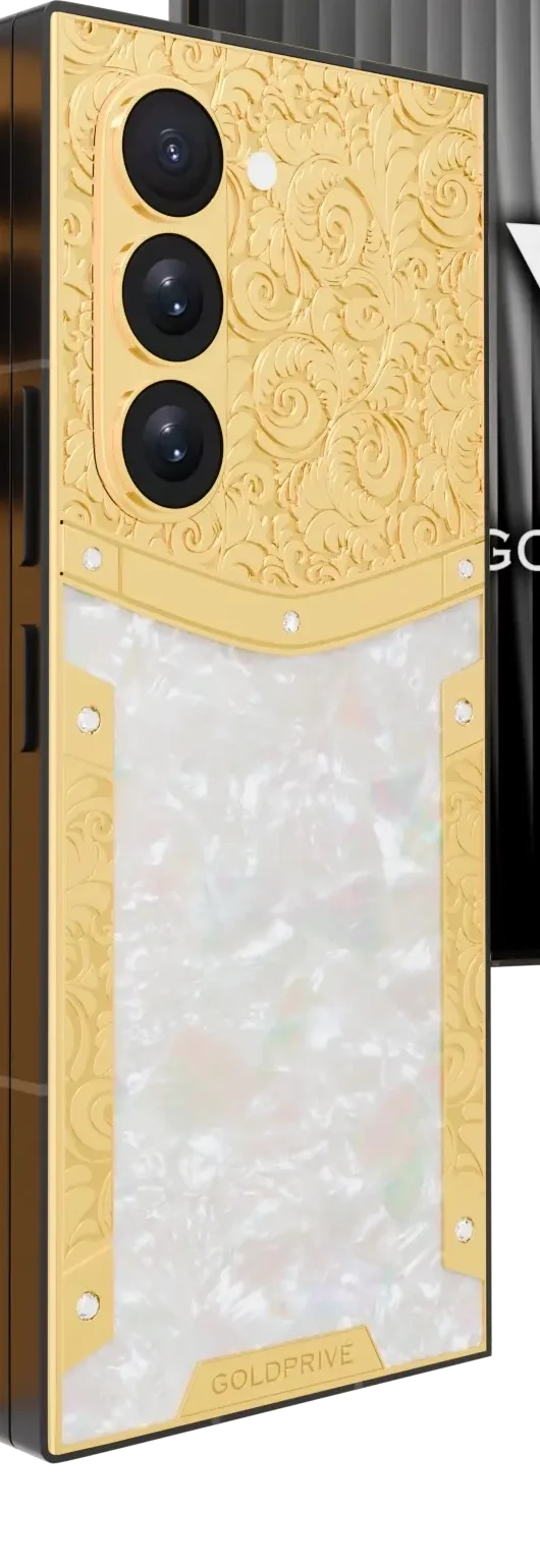 Royal Gold Samsung Galaxy Z Fold8 Ultra close-up in 24K Gold where the scroll band meets mother of pearl