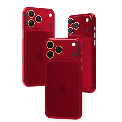 Scarlet Gold iPhone 18 Pro Max in satin matte red with camera rings and buttons plated in 24K Gold, Rose Gold and Platinum