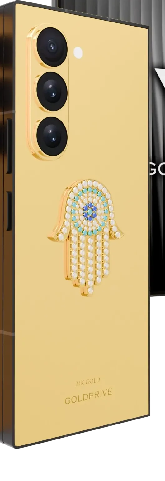 Hamsa Eye Amulet Gold Samsung Galaxy Z Fold8 Ultra close-up of the hamsa on the polished 24K Gold back panel