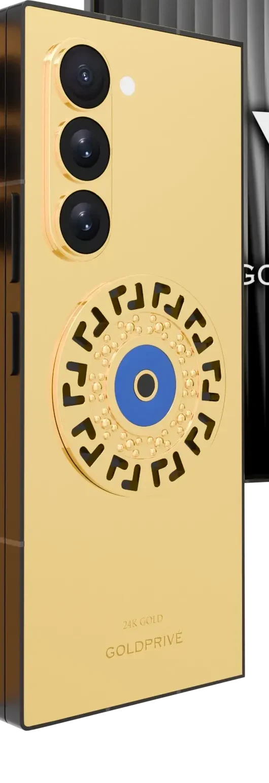 Meandros Blessing Eye Gold Samsung Galaxy Z Fold8 Ultra close-up of the Greek key amulet on the polished 24K Gold panel