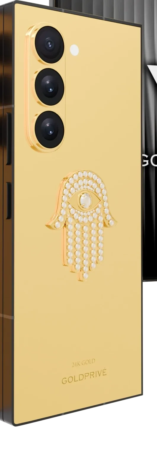 Seraphic Hamsa Gold Samsung Galaxy Z Fold8 Ultra close-up of the white amulet on the polished 24K Gold panel