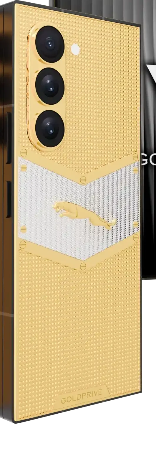 Sovereign Gold Samsung Galaxy Z Fold8 Ultra close-up of the 24K Gold jaguar on its contrasting lined chevron
