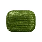 Chrysolite Swarovski AirPods Pro 3 with the lid shut, the whole case set edge to edge in sparkling olive-green crystals