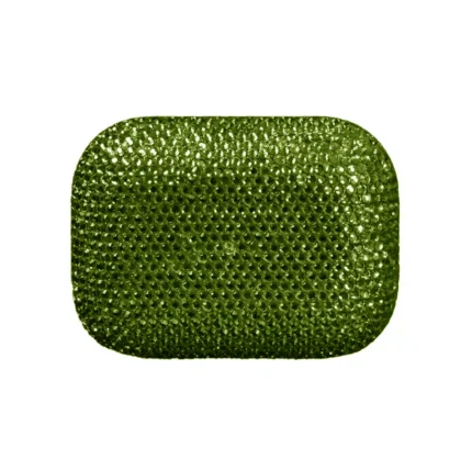 Chrysolite Swarovski AirPods Pro 3 with the lid shut, the whole case set edge to edge in sparkling olive-green crystals
