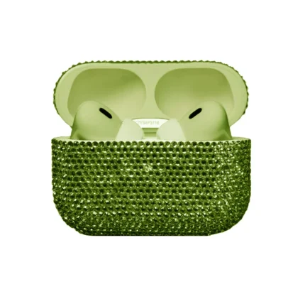 Chrysolite Swarovski AirPods Pro 3 open, pale green earbuds resting in a pale green interior, the case set in light olive-green crystals