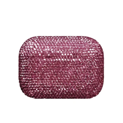 Rose Swarovski AirPods Pro 3 closed, the case wrapped from lid to base in sparkling rose-pink crystals