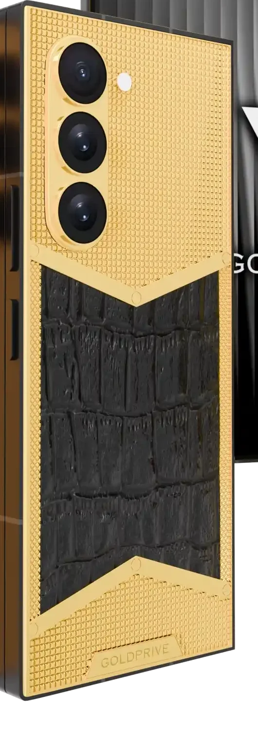 Wild Elegance Victory Gold Samsung Galaxy Z Fold8 Ultra close-up of pyramid texture meeting crocodile leather in 24K Gold