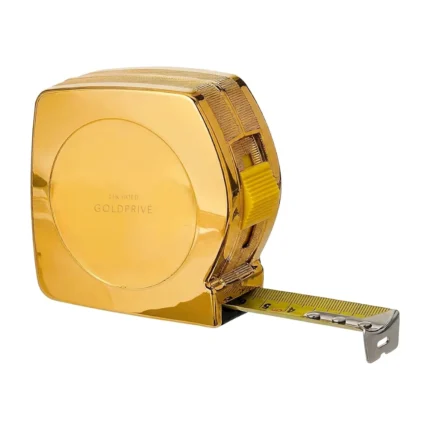 Metron Gold Tape Measure by GoldPrivé, its mirror-polished 24K Gold case engraved 24K GOLD and GOLDPRIVÉ, the yellow lock button and yellow blade kept original
