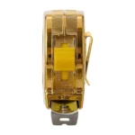 Metron Gold Tape Measure from the side, the ribbed 24K Gold housing around the yellow lock button, the gold belt clip and the yellow blade with steel hook