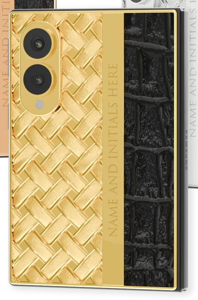 Braid Gold Samsung Galaxy Z Fold8 close-up in 24K Gold of the basket weave, engraved name bar and crocodile leather