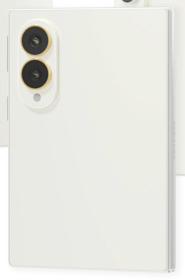 Cream Samsung Galaxy Z Fold8 Gold Accents close-up of a 24K Gold camera lens ring on the cream camera island