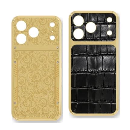 Custom 24K gold iPhone cases designed with GoldPrivé: Signature with Flora engraving and Couture with black crocodile leather