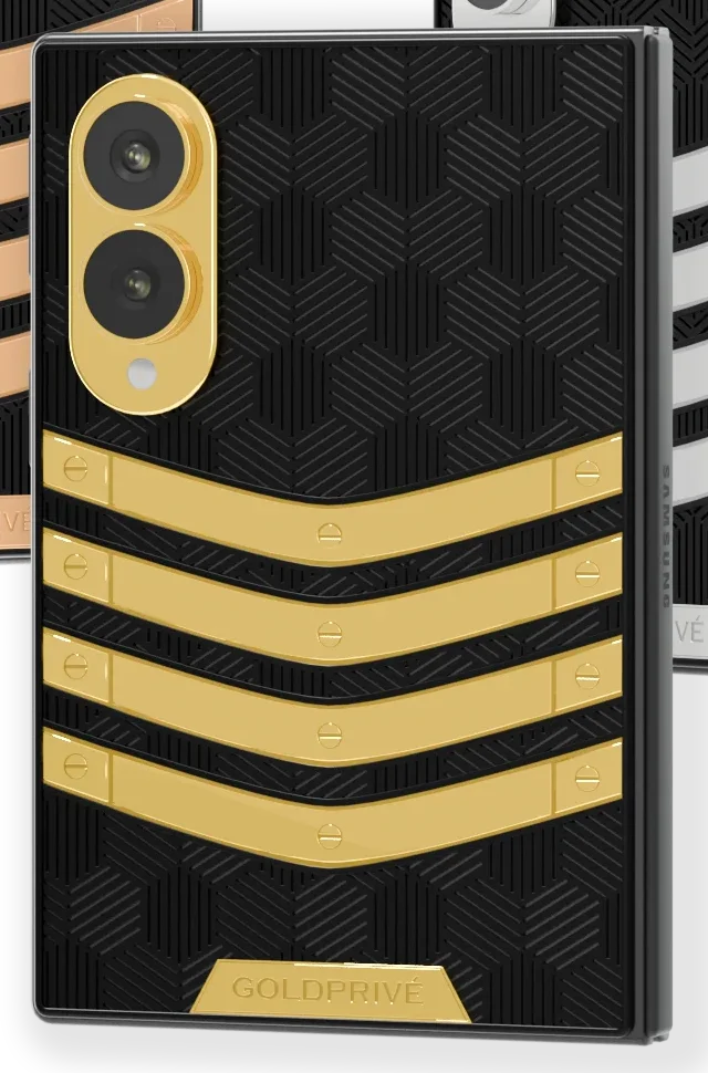 Genesis III Gold Samsung Galaxy Z Fold8 close-up of four 24K Gold bars over the black hexagon relief